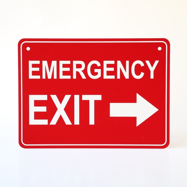 Red/white emergency exit sign with mounting holes