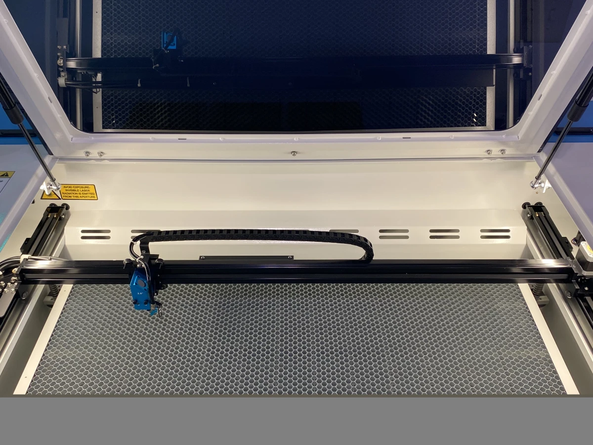 A view looking down into a laser machine